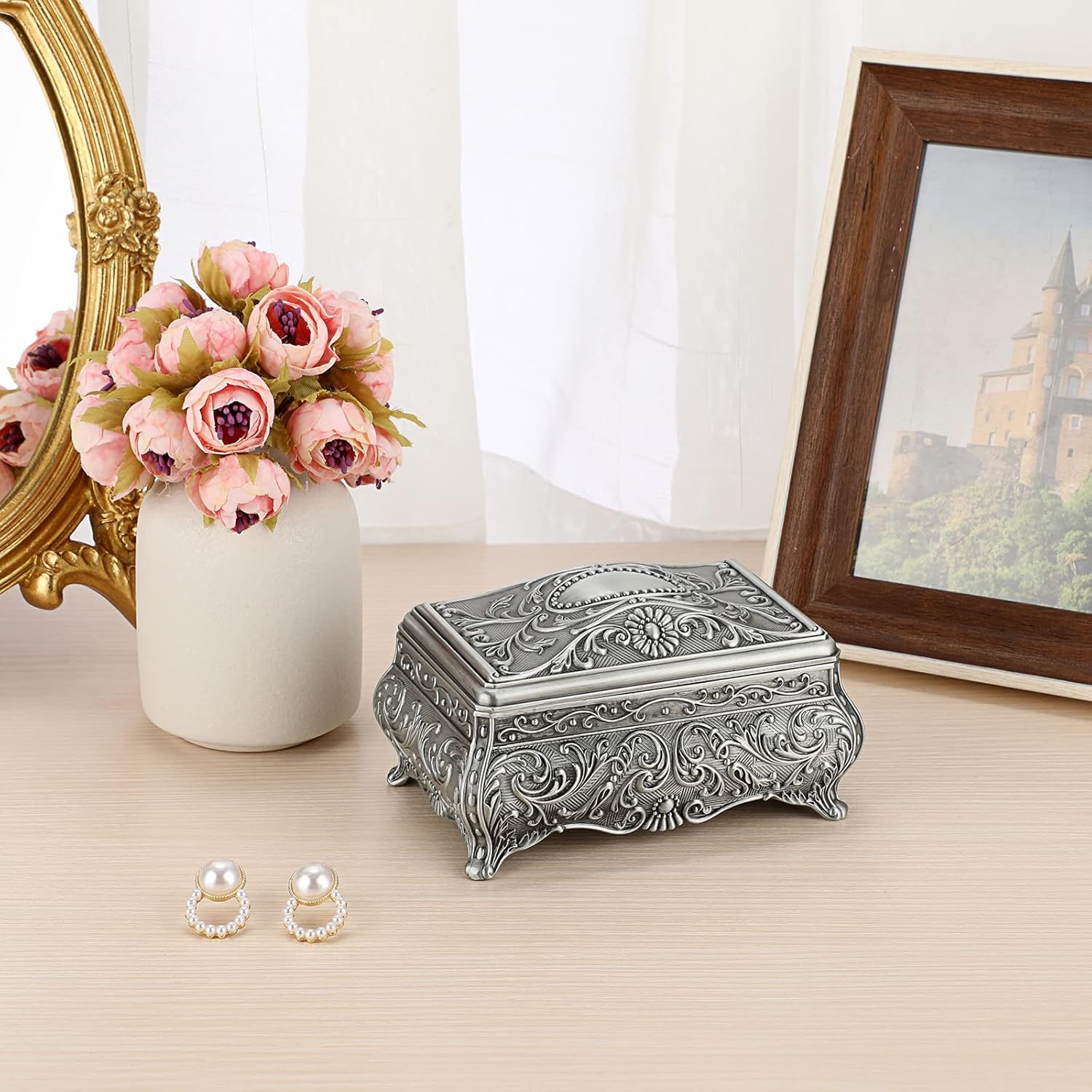 ELLDOO Vintage Silver Music Box with Floral Design