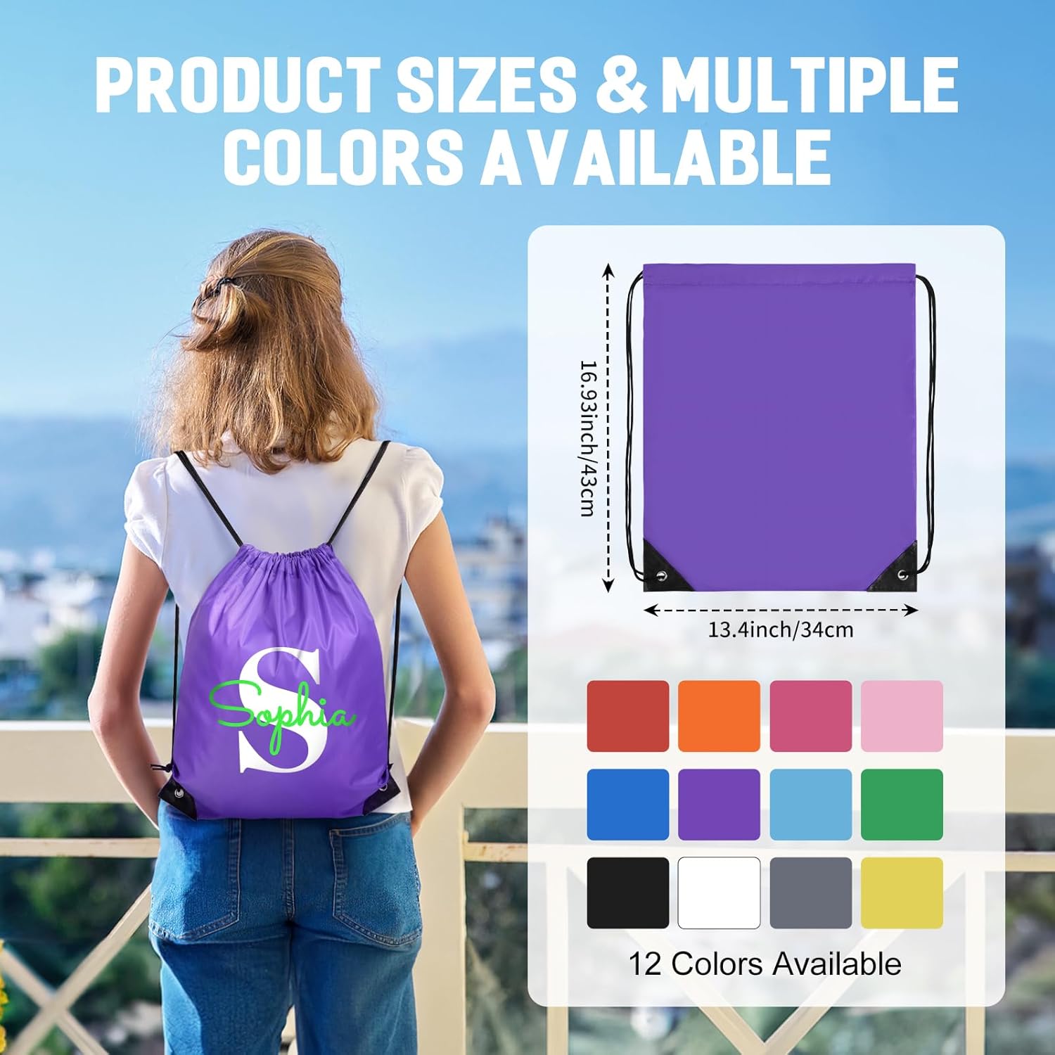 Custom Drawstring Backpacks with Initials 134x17 Inch 12 Colors