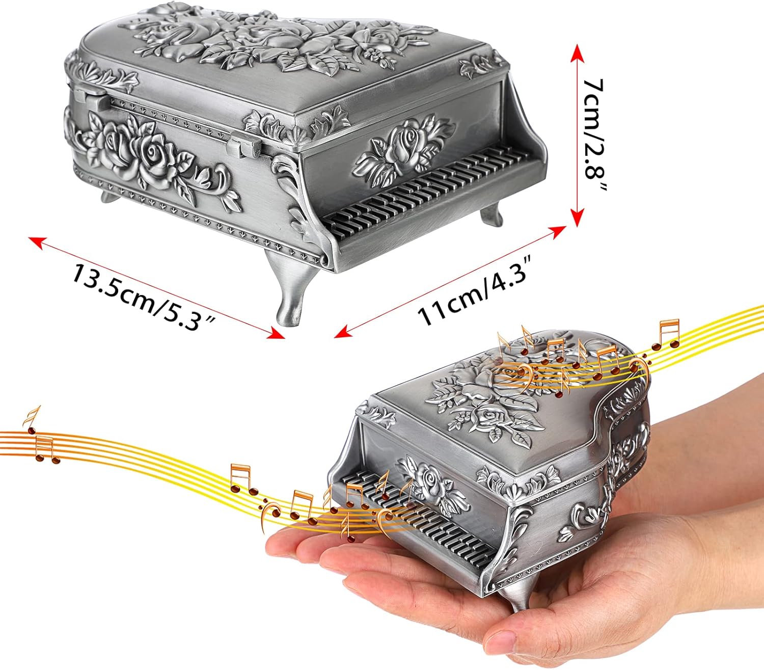 ELLDOO Vintage Piano Music Box Silver Metal Wind Up Jewelry Storage Box