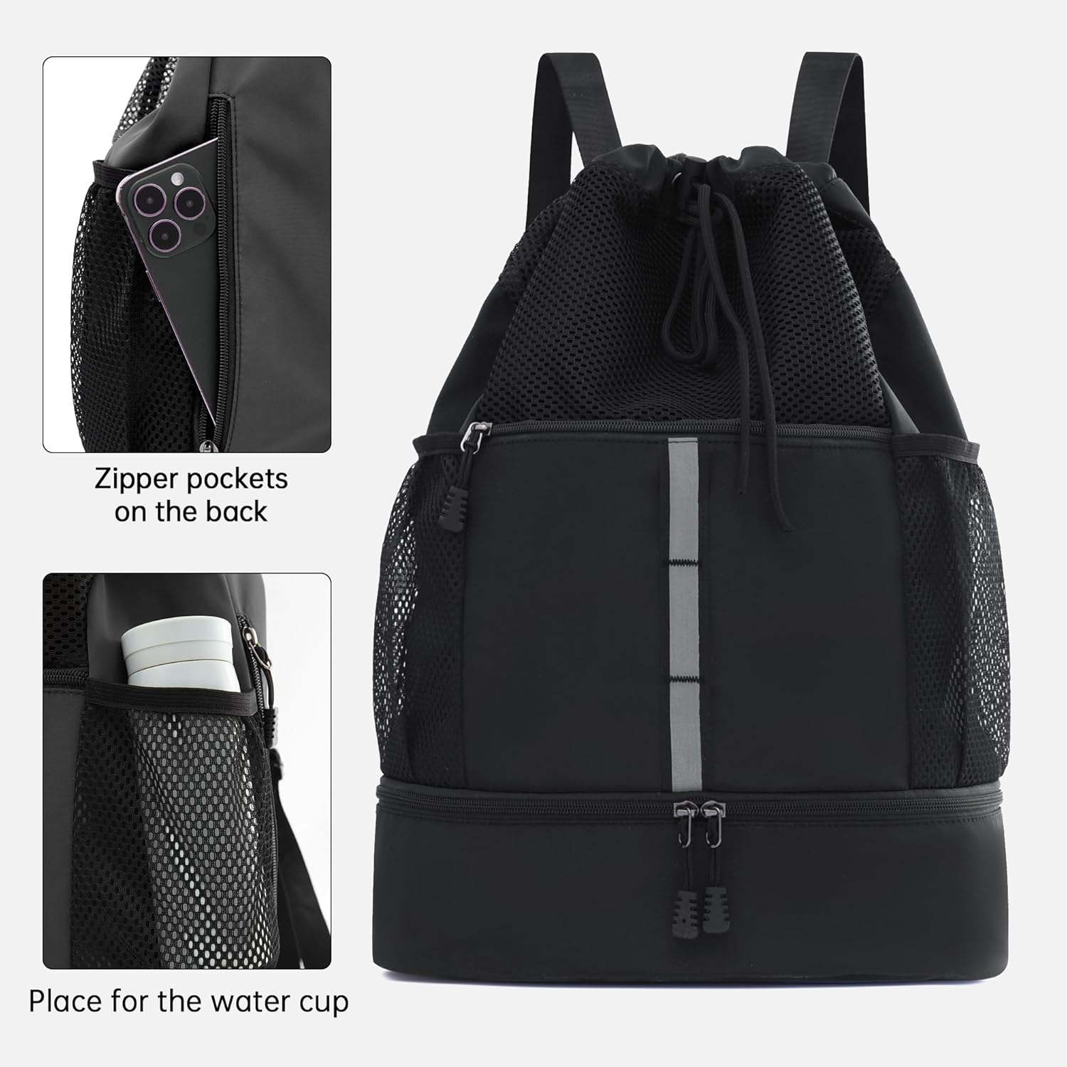Sports Drawstring Backpack with Wet Proof Pocket and Shoe Compartment for Men Women
