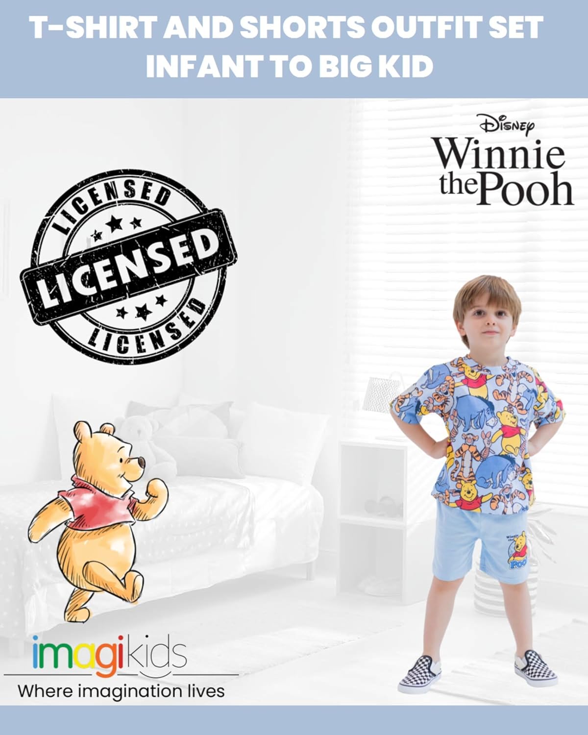 Disney Mickey Mouse Eeyore Donald Duck Pluto Winnie The Pooh Piglet Tigger Graphic T-Shirt and Shorts Set for Kids