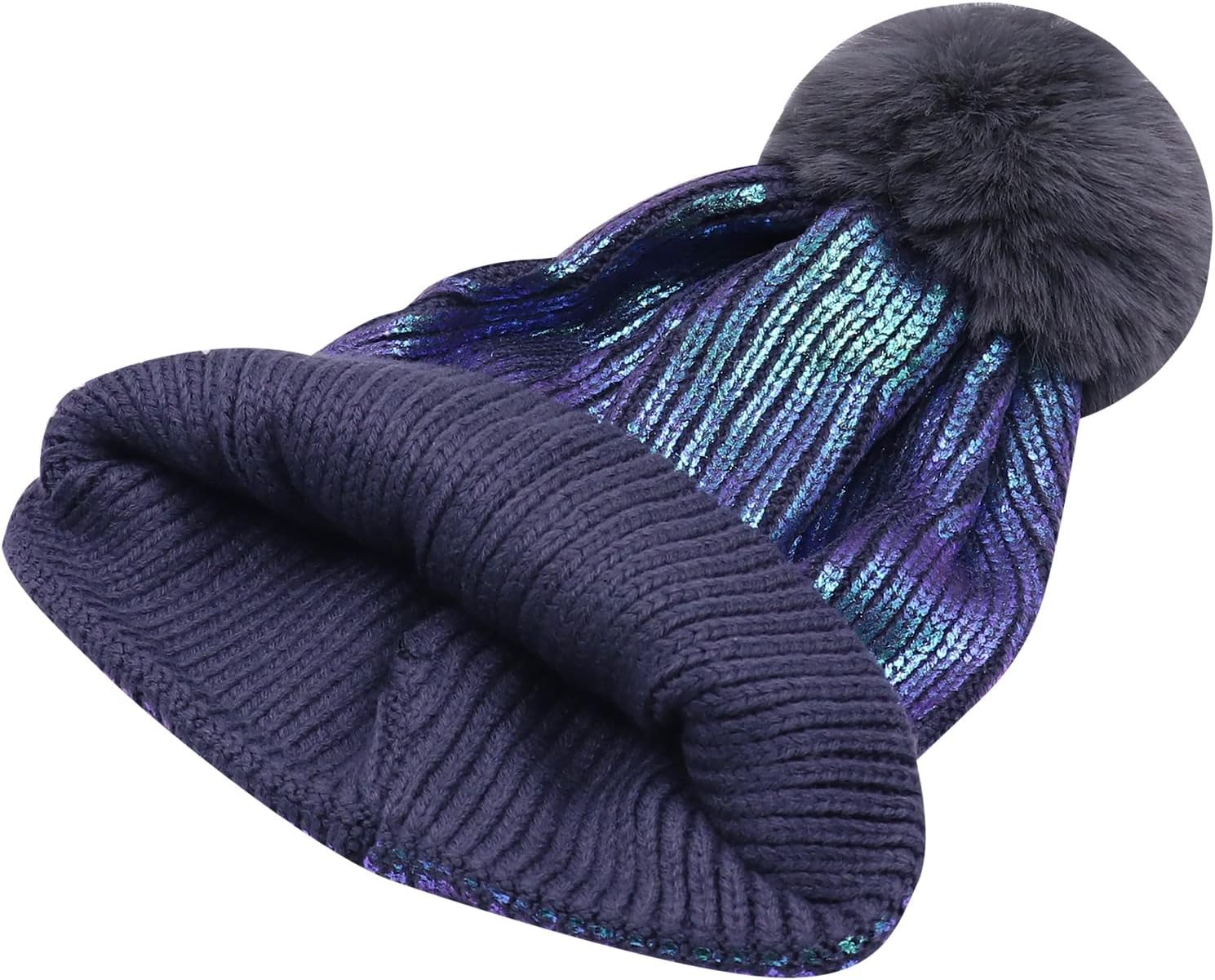 JUMISEE Women Girls Shiny Metallic Knit Beanie Hat Slouchy Winter Skull Cap with Faux Fur Pompom 1