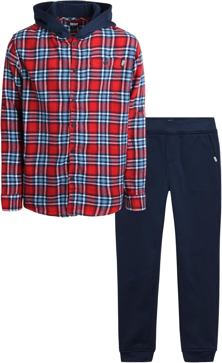 DKNY Boys 2 Piece Woven Button Down Shirt with Hood and Jogger Pants Set