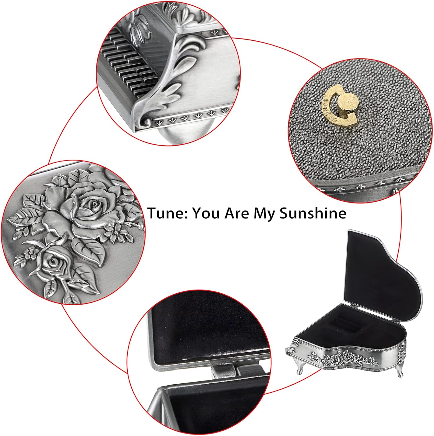 ELLDOO Vintage Piano Music Box Silver Metal Wind Up Jewelry Storage Box