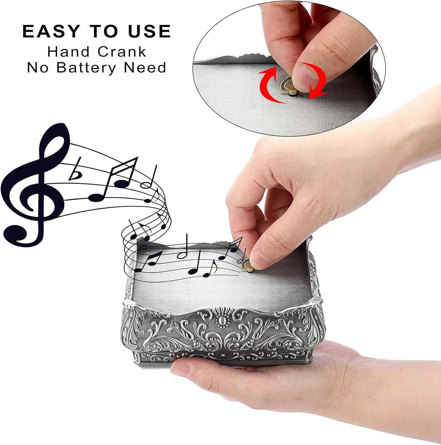 ELLDOO Vintage Silver Music Box with Floral Design