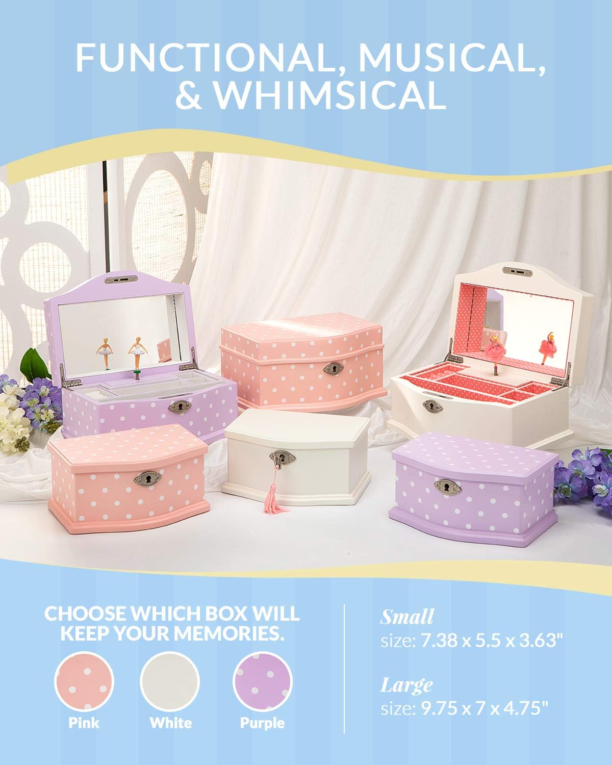 Elle Jewelry Box - Wind-Up Music Box with Ballerina and Mirror Wooden Storage for Girls and Teens