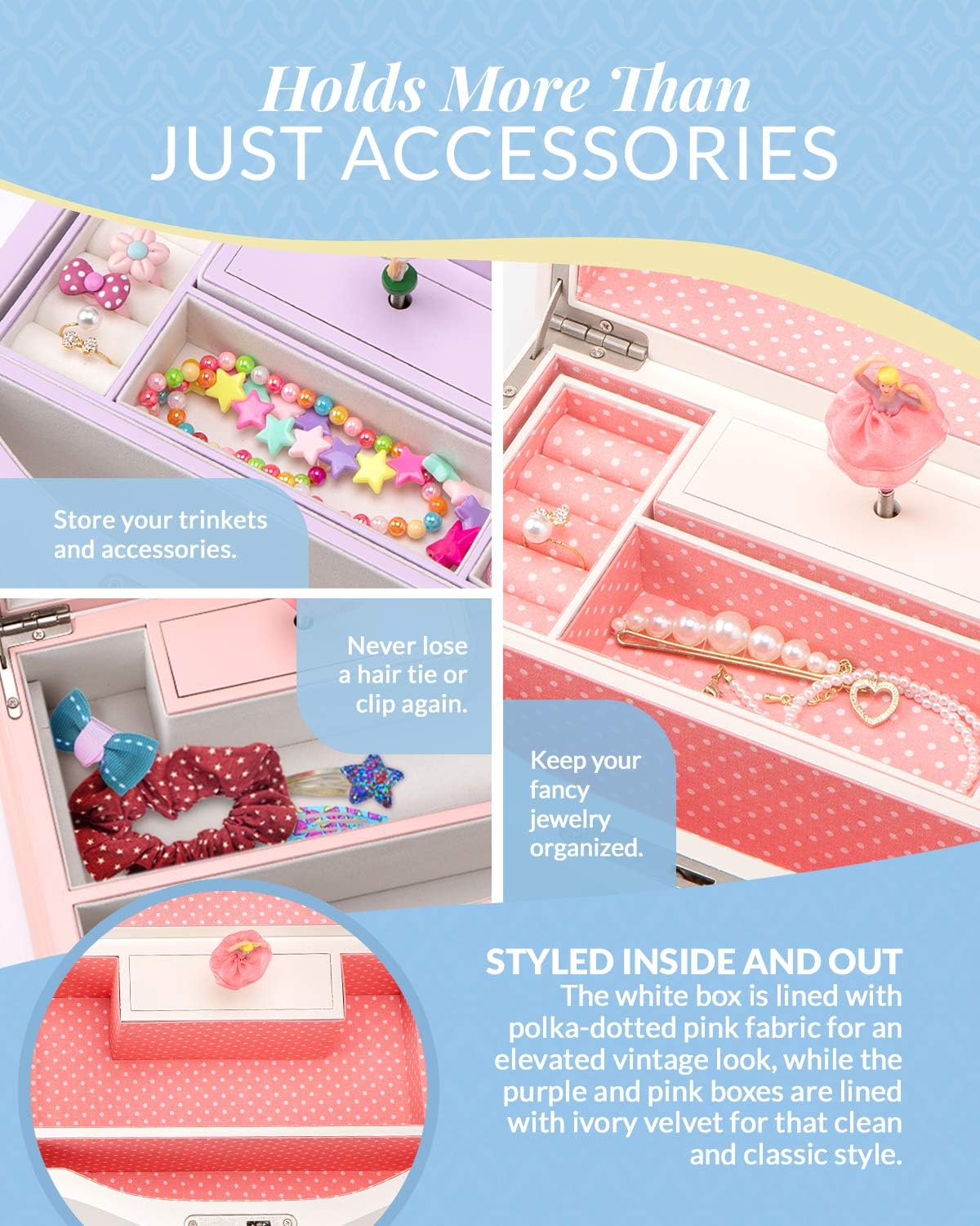 Elle Jewelry Box - Wind-Up Music Box with Ballerina and Mirror Wooden Storage for Girls and Teens