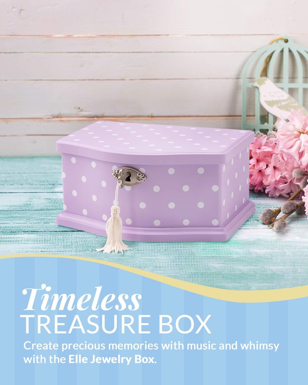 Elle Jewelry Box - Wind-Up Music Box with Ballerina and Mirror Wooden Storage for Girls and Teens