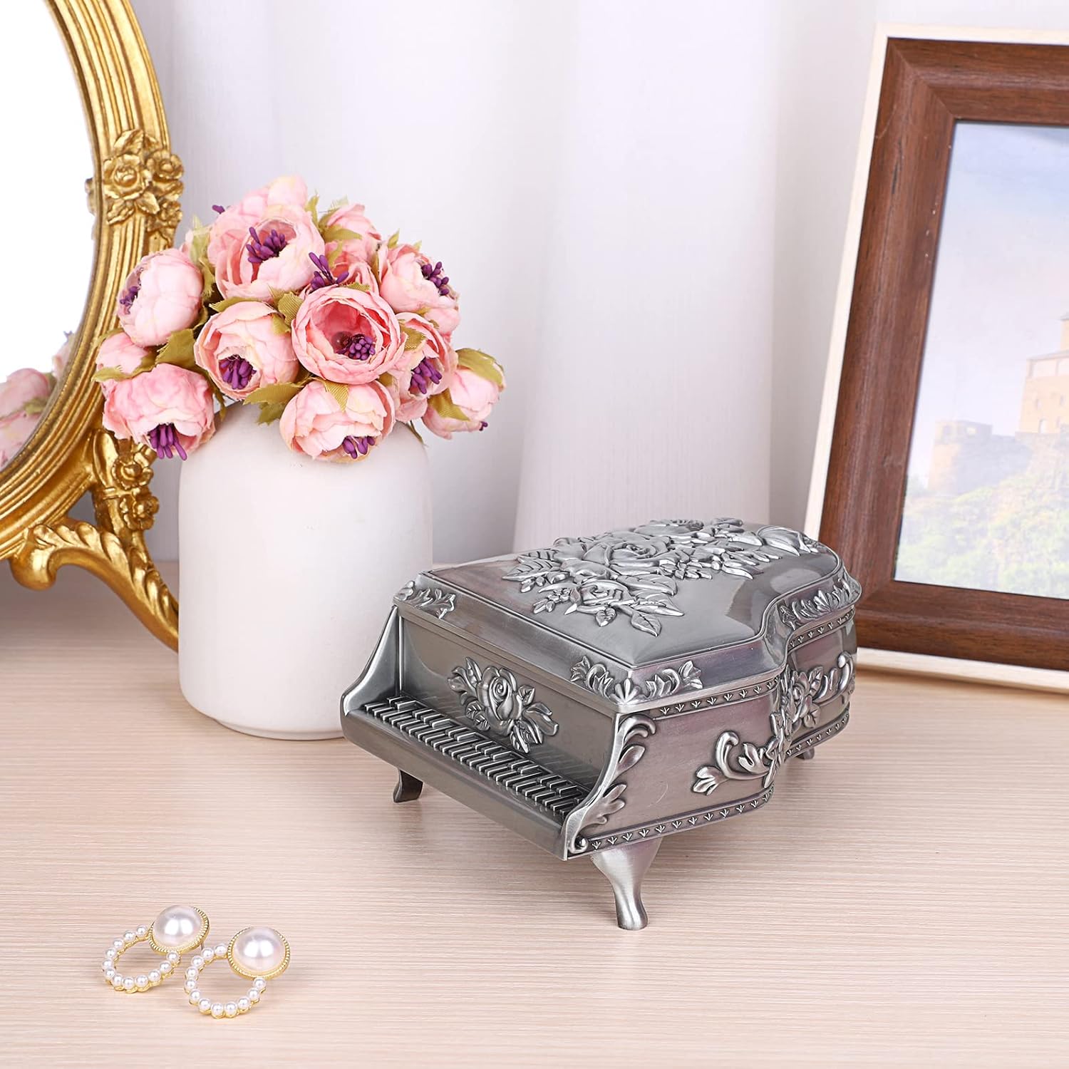 ELLDOO Vintage Piano Music Box Silver Metal Wind Up Jewelry Storage Box