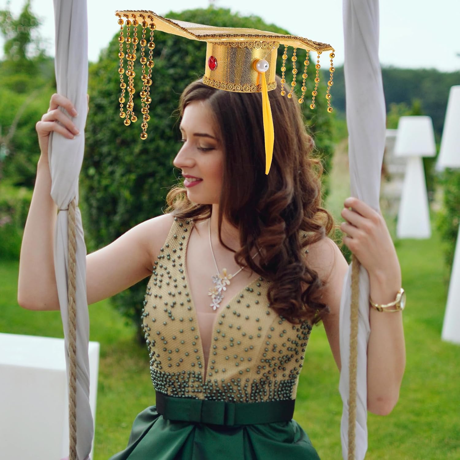 LOGOFUN Ancient Emperor Hat with Beaded Tassel Glitter Prince Hat Adjustable Strap for Cosplay Party Costume Accessories