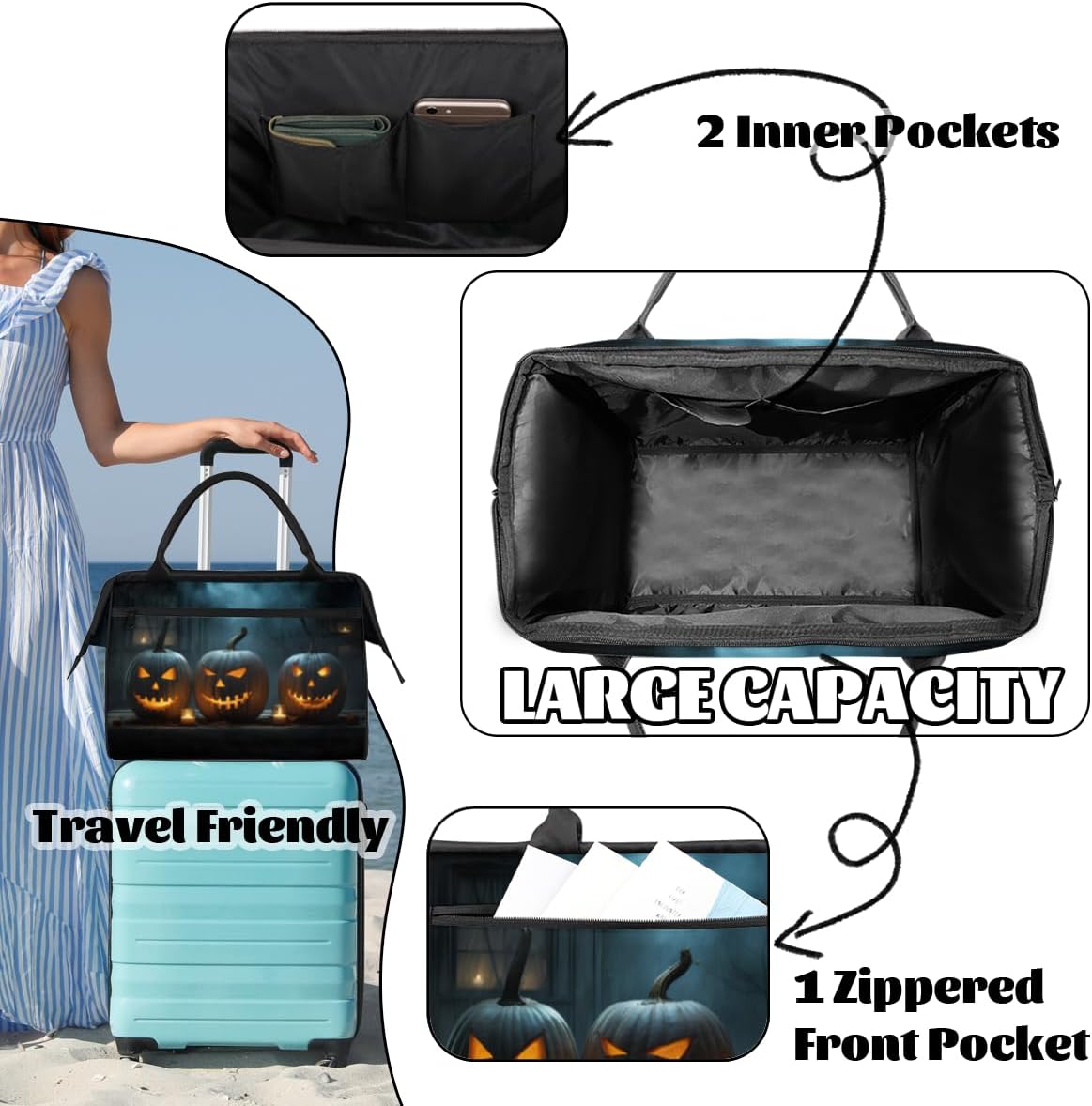Halloween Pumpkins Candle Gym Bag for Men Women Waterproof Travel Duffel with Trolley Sleeve