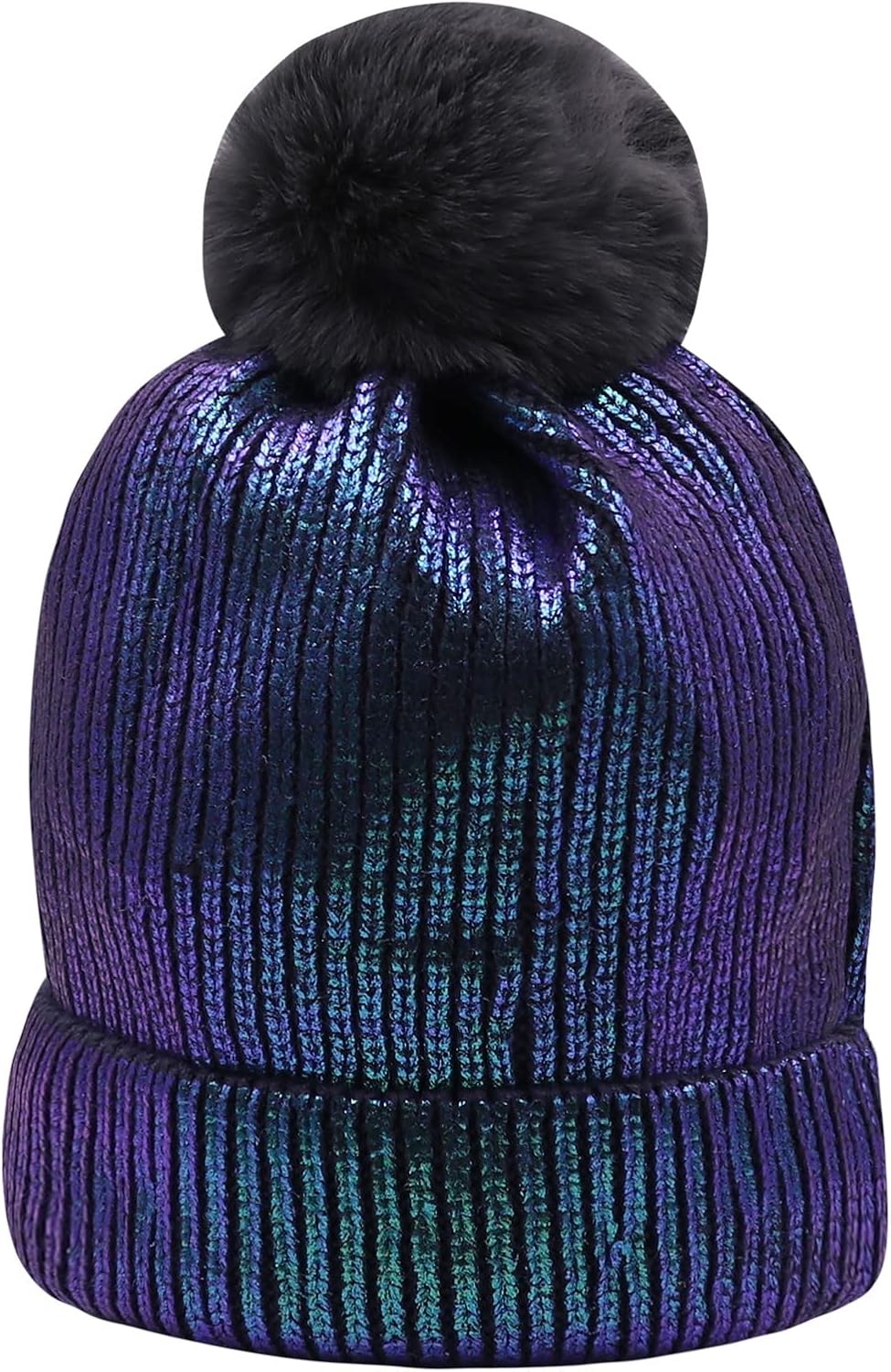 JUMISEE Women Girls Shiny Metallic Knit Beanie Hat Slouchy Winter Skull Cap with Faux Fur Pompom 1