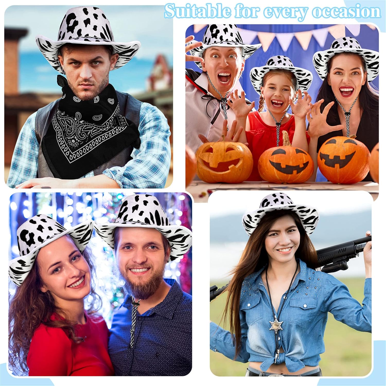 Zhanmai 12-Piece Cow Print Cowboy Hat and Bandana Set for Western Events