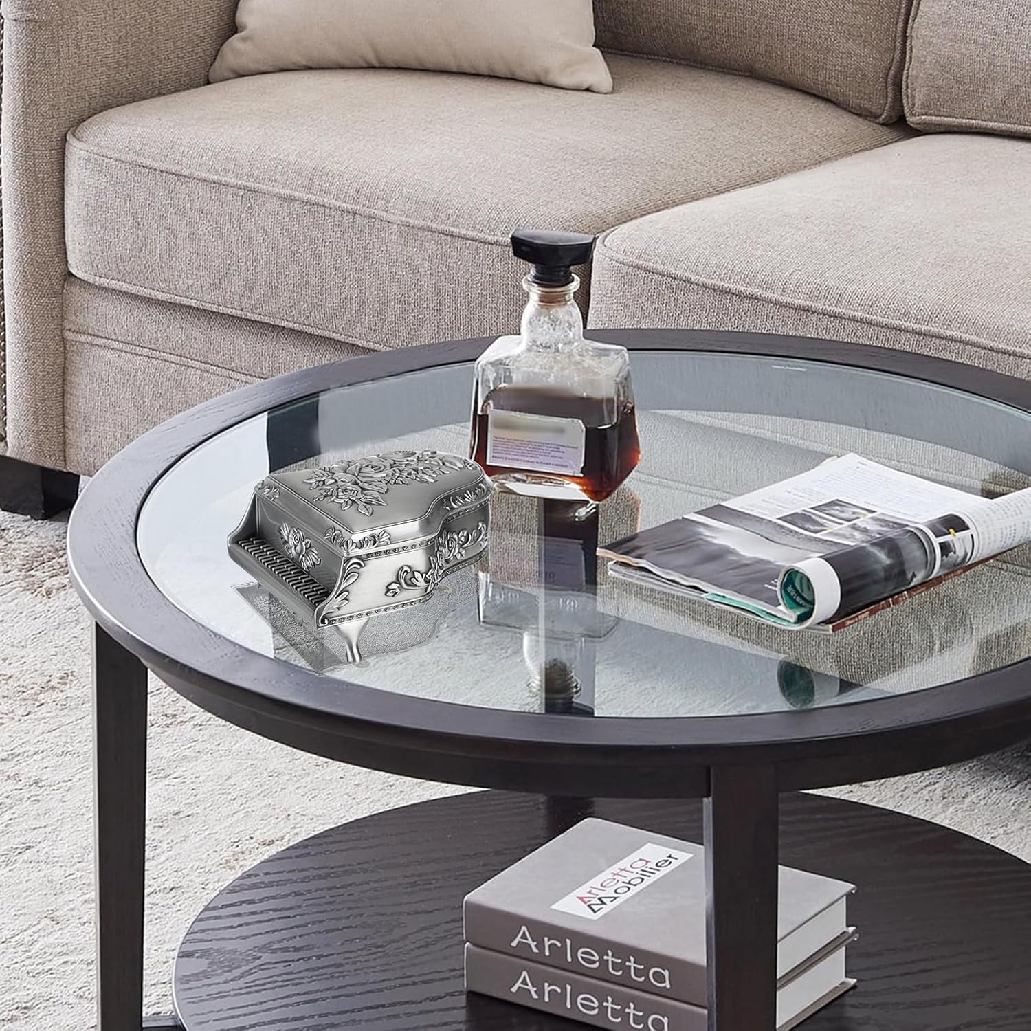 ELLDOO Vintage Piano Music Box Silver Metal Wind Up Jewelry Storage Box