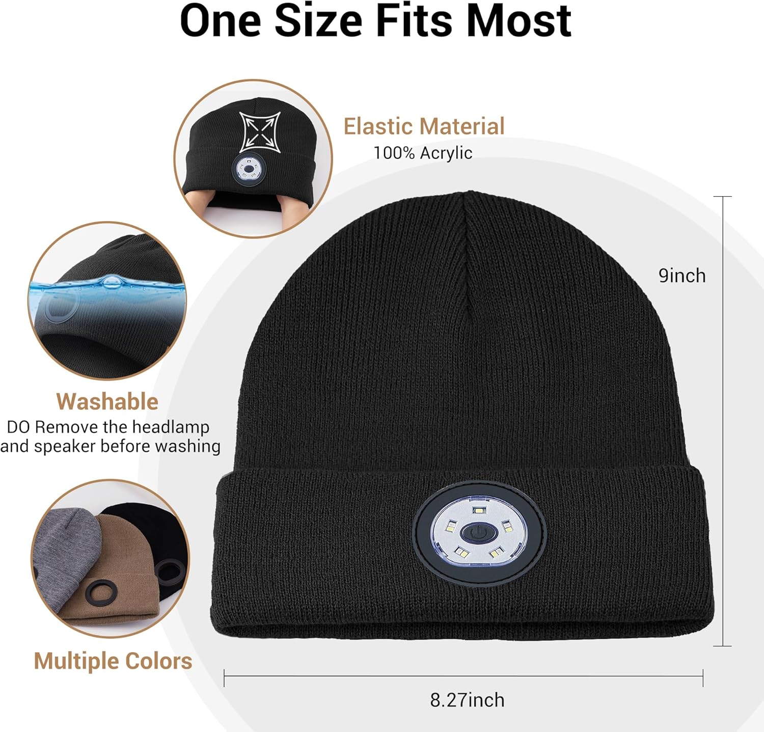 Bluetooth Beanie with Built-in LED Light and Stereo Headphones for Winter Outdoors Unisex Black
