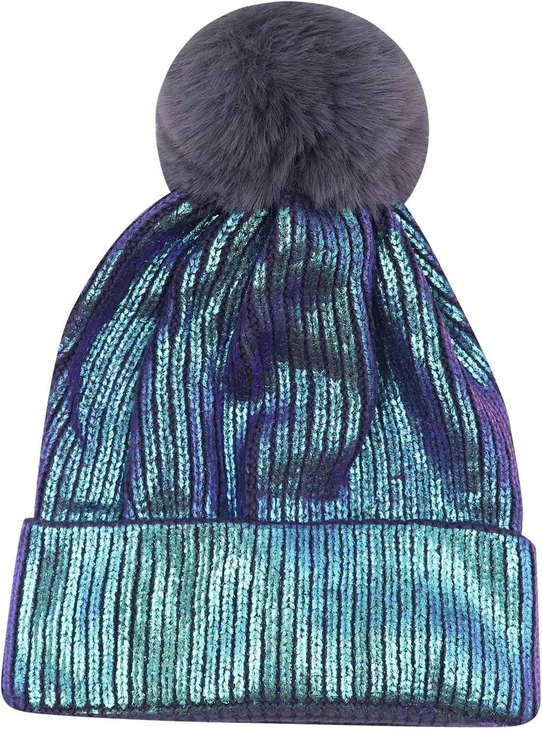 JUMISEE Women Girls Shiny Metallic Knit Beanie Hat Slouchy Winter Skull Cap with Faux Fur Pompom 1