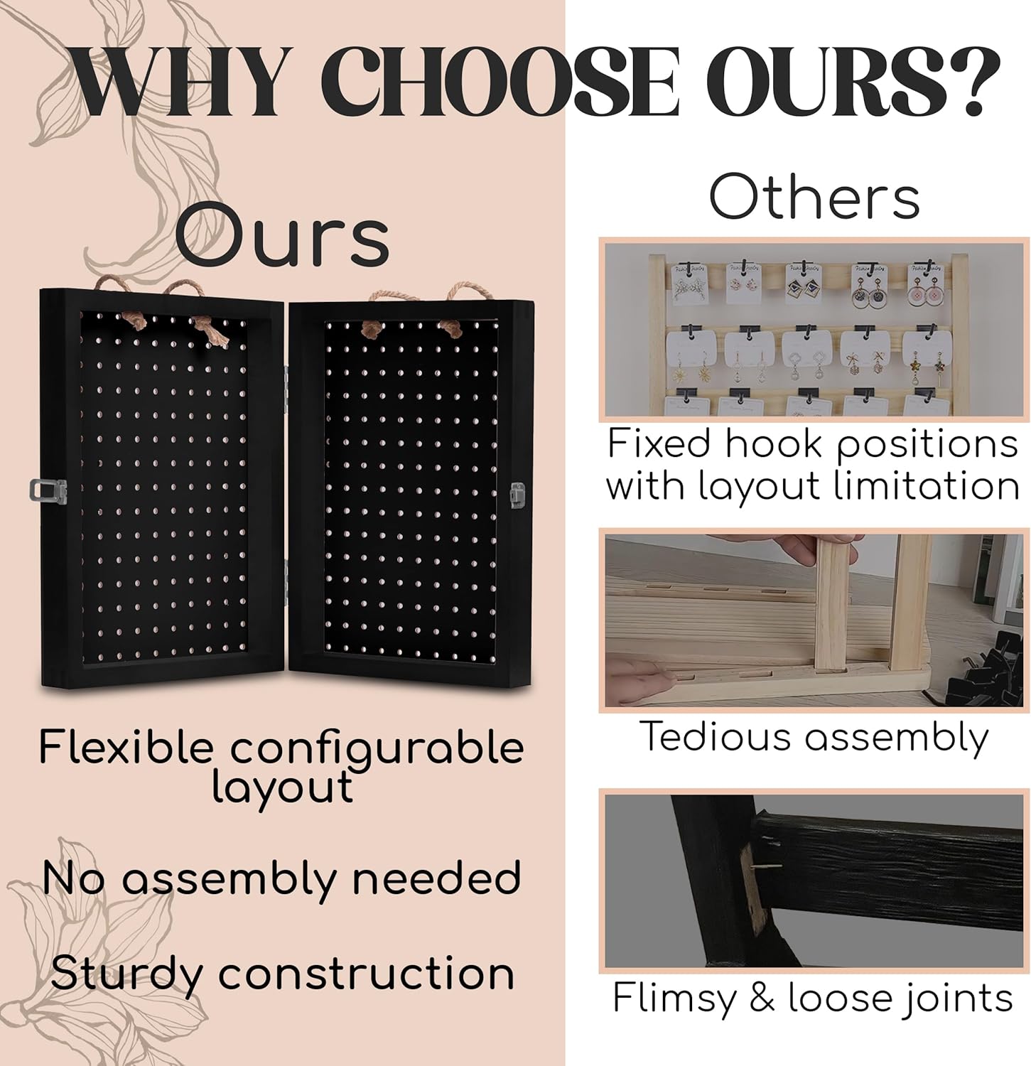 Folding Peg Board Display Stand with 40 Hooks - Jewelry Display for Vendor Events Black