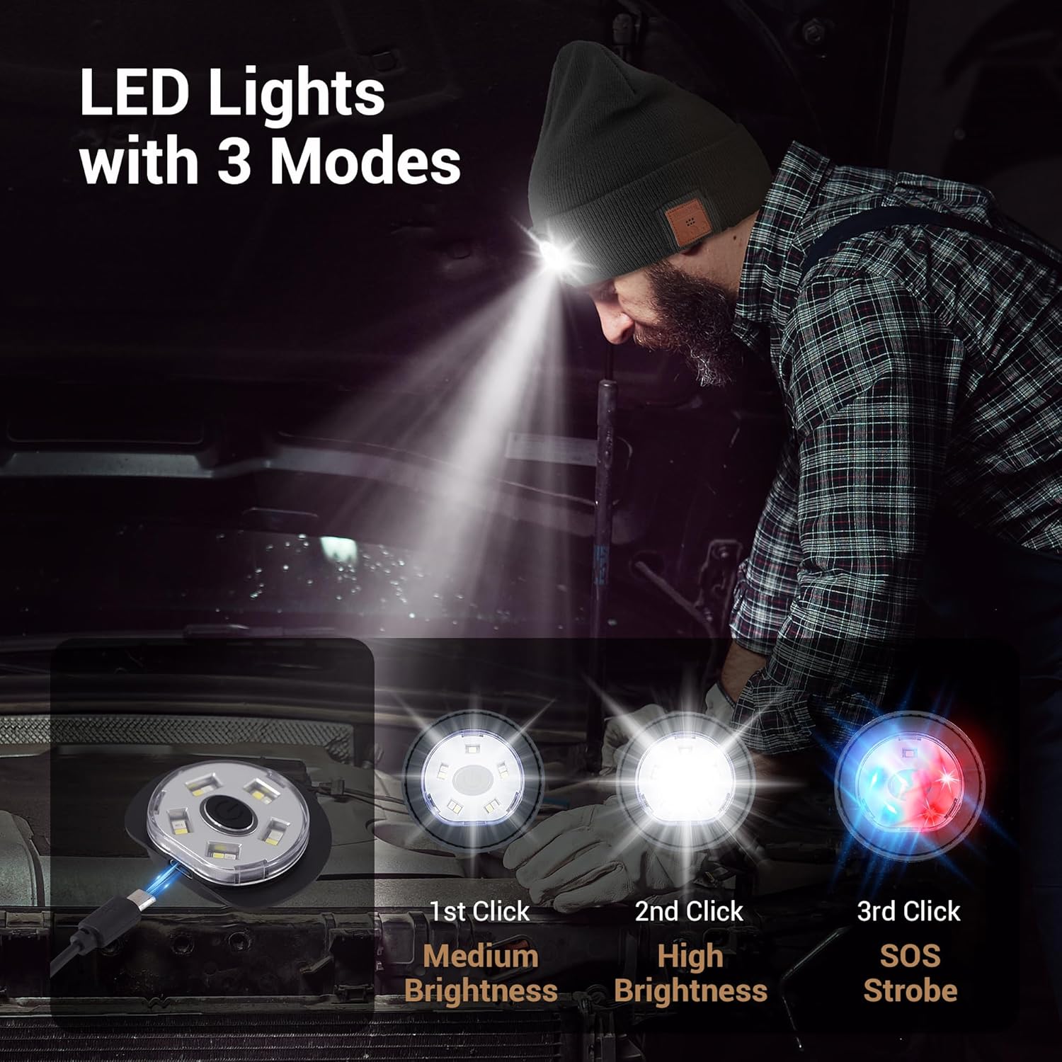 Bluetooth Beanie with Built-in LED Light and Stereo Headphones for Winter Outdoors Unisex Black