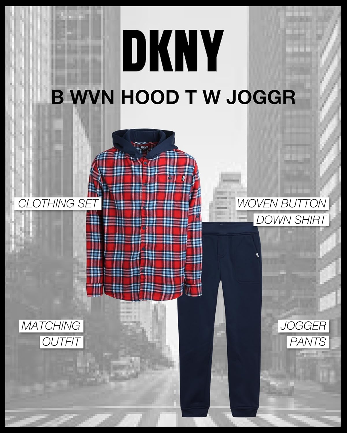 DKNY Boys 2 Piece Woven Button Down Shirt with Hood and Jogger Pants Set