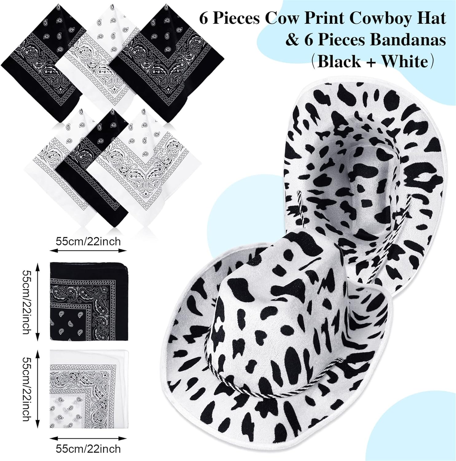 Zhanmai 12-Piece Cow Print Cowboy Hat and Bandana Set for Western Events