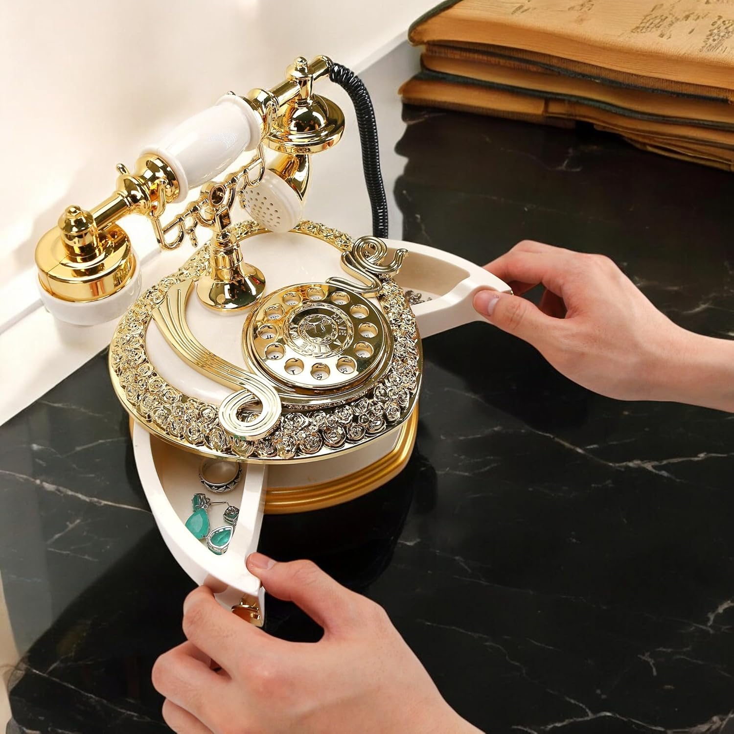 Big Vintage Telephone Jewelry Box with Drawer - Heart Shaped Trinket Music Box with Retro Dial