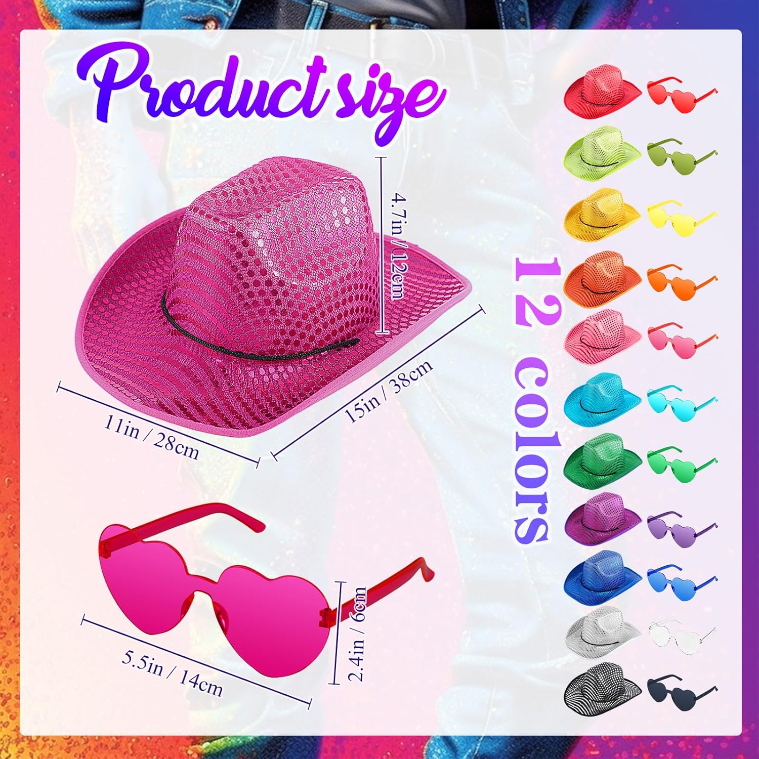 Bonuci Sparkly Cowboy Hat and Heart Sunglasses Party Favor for All Ages
