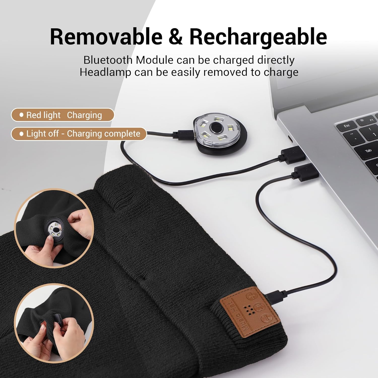 Bluetooth Beanie with Built-in LED Light and Stereo Headphones for Winter Outdoors Unisex Black