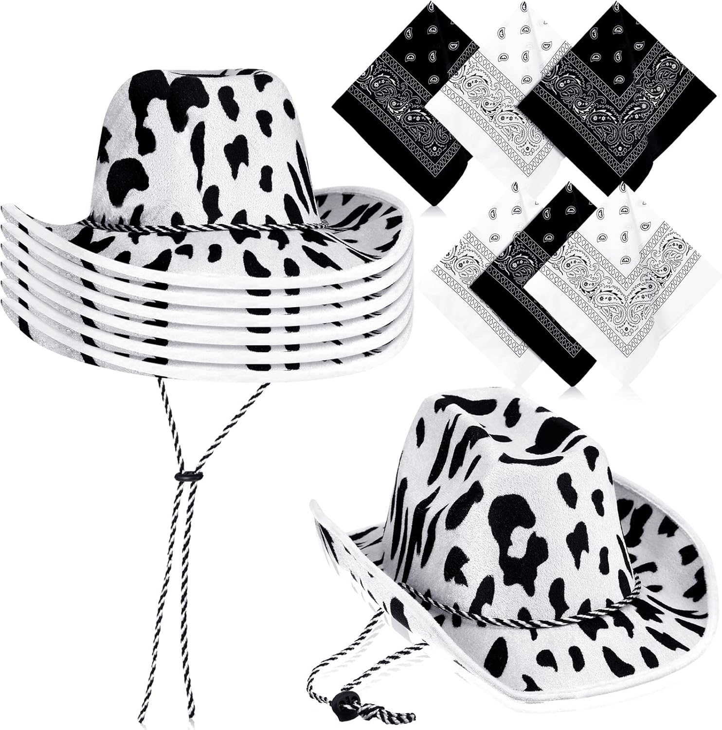 Zhanmai 12-Piece Cow Print Cowboy Hat and Bandana Set for Western Events