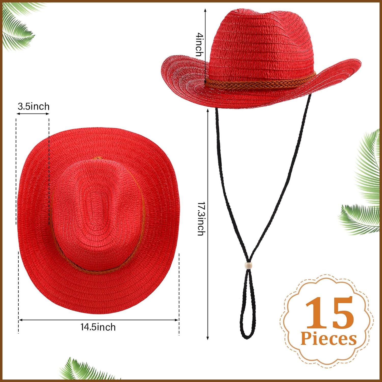 Suhine 15 Pcs Colorful Straw Cowboy Hat for Men Women
