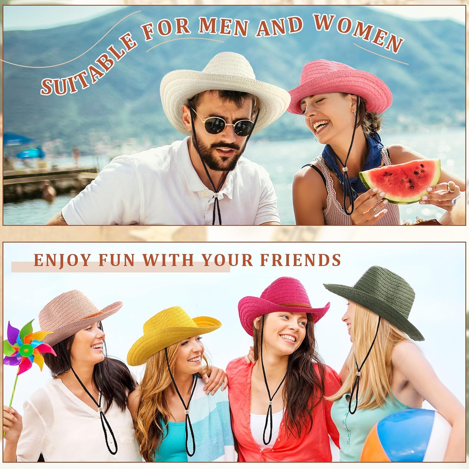 Suhine 15 Pcs Colorful Straw Cowboy Hat for Men Women