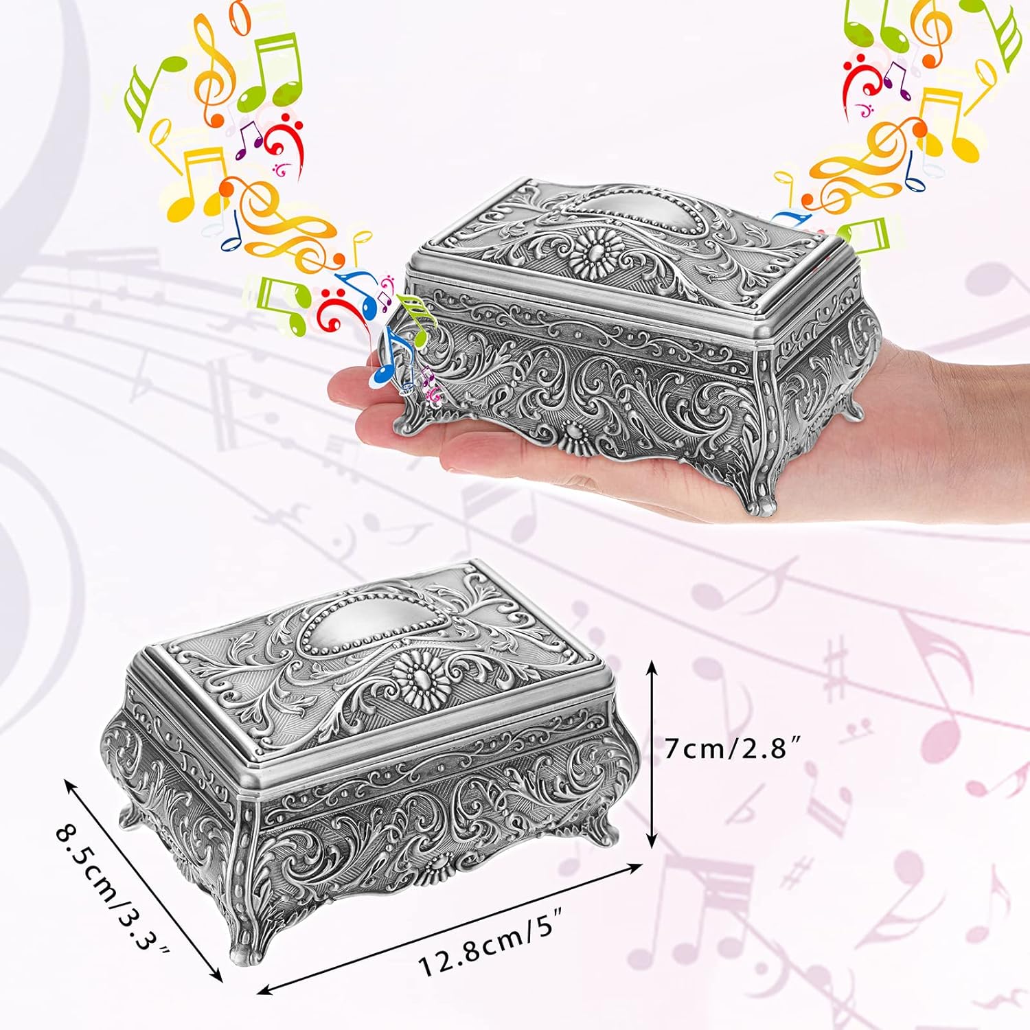 ELLDOO Vintage Silver Music Box with Floral Design