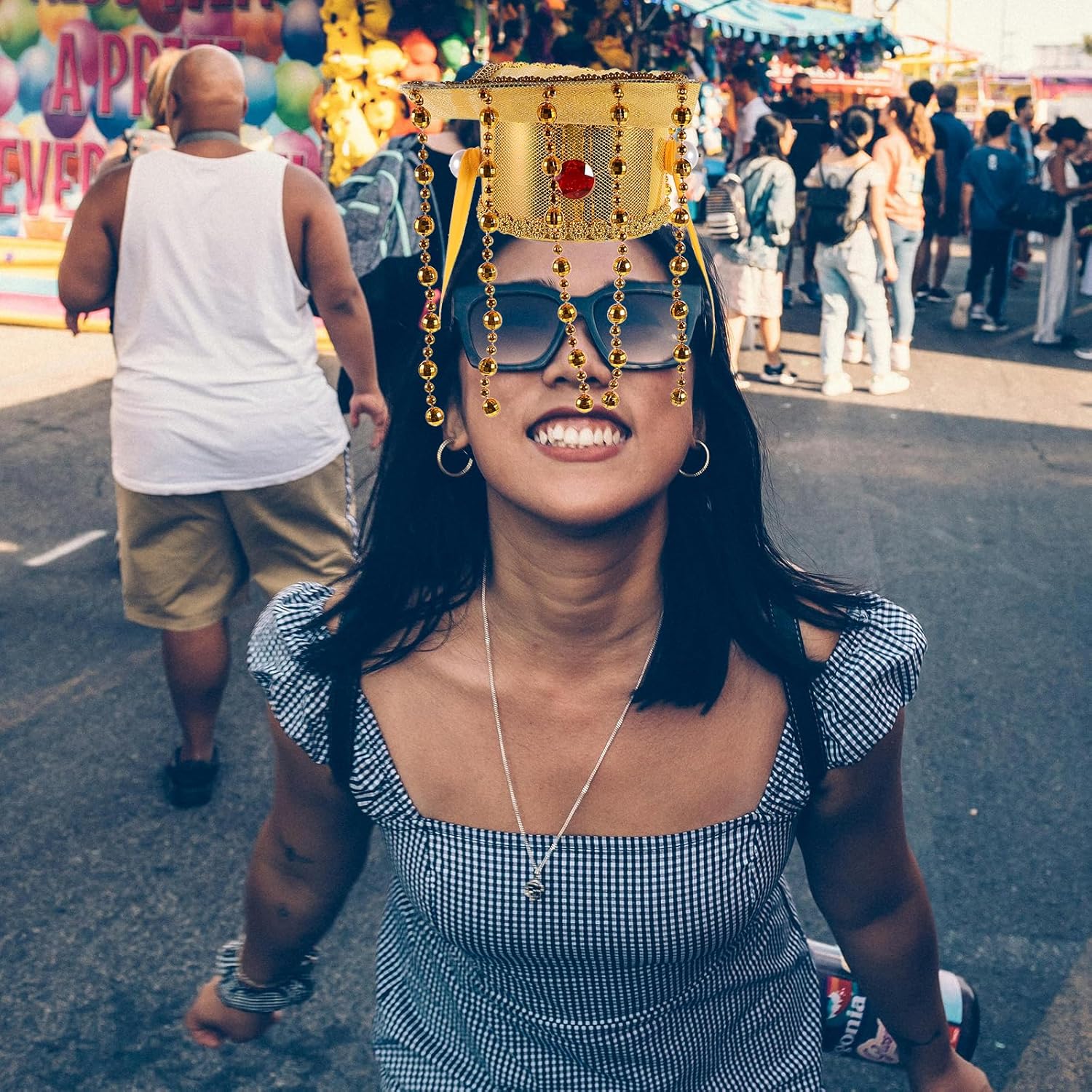 LOGOFUN Ancient Emperor Hat with Beaded Tassel Glitter Prince Hat Adjustable Strap for Cosplay Party Costume Accessories