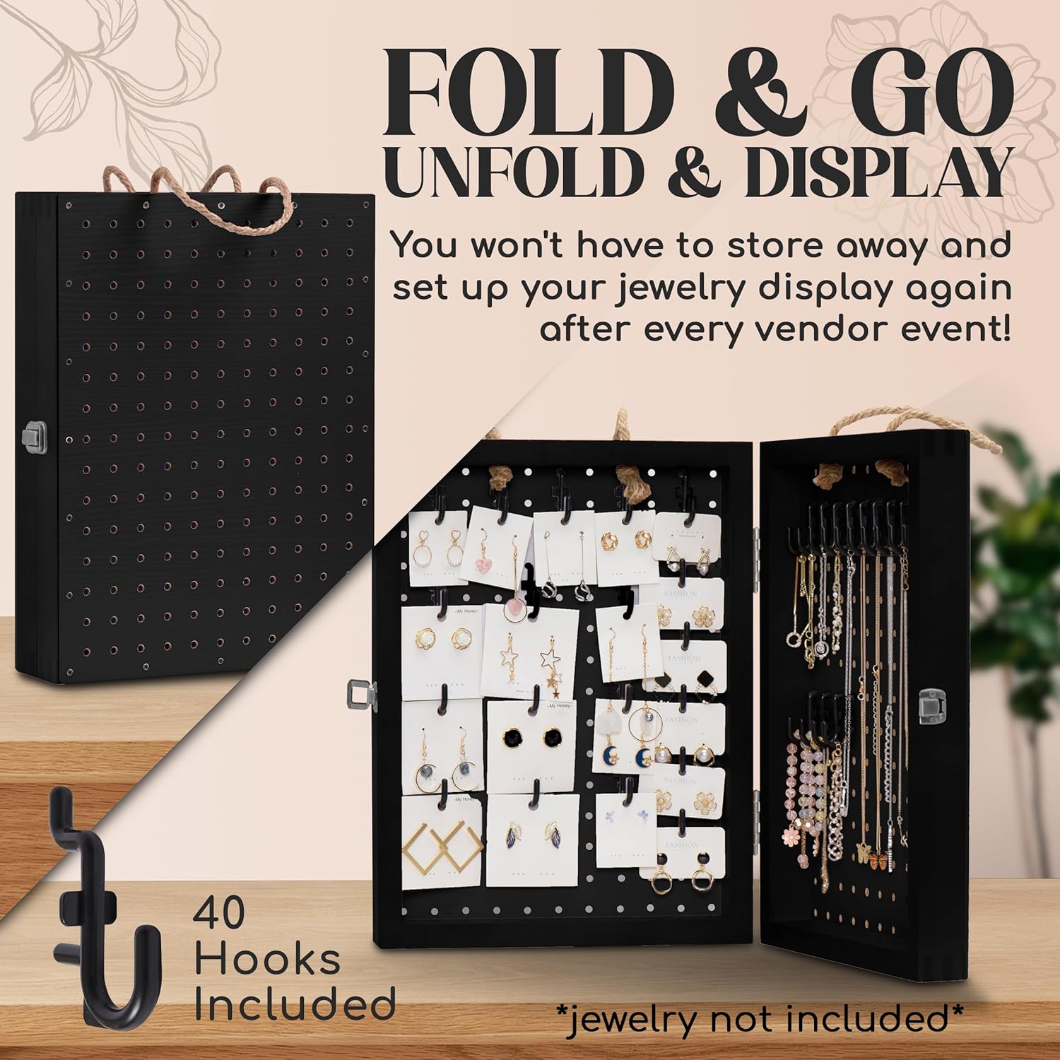 Folding Peg Board Display Stand with 40 Hooks - Jewelry Display for Vendor Events Black