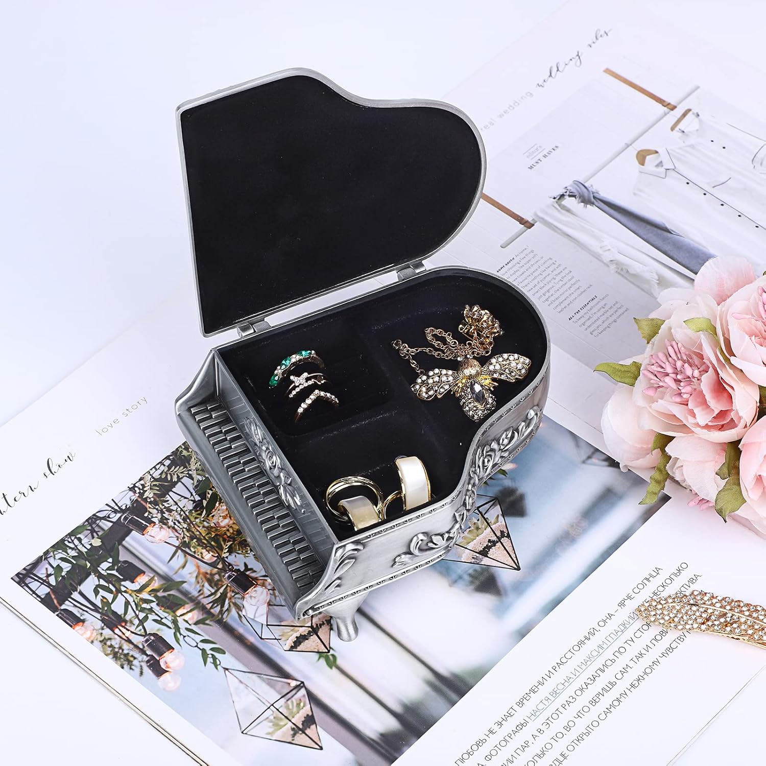 ELLDOO Vintage Piano Music Box Silver Metal Wind Up Jewelry Storage Box