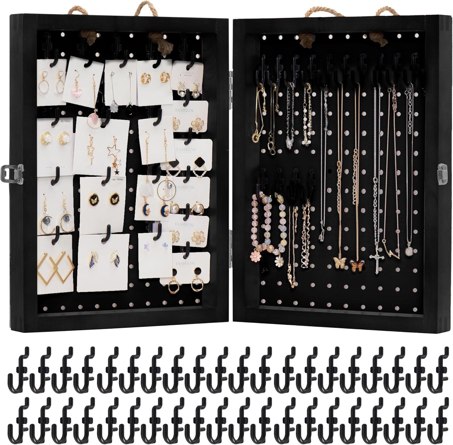 Folding Peg Board Display Stand with 40 Hooks - Jewelry Display for Vendor Events Black