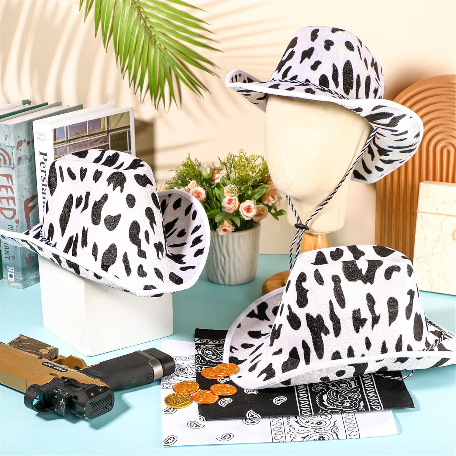 Zhanmai 12-Piece Cow Print Cowboy Hat and Bandana Set for Western Events