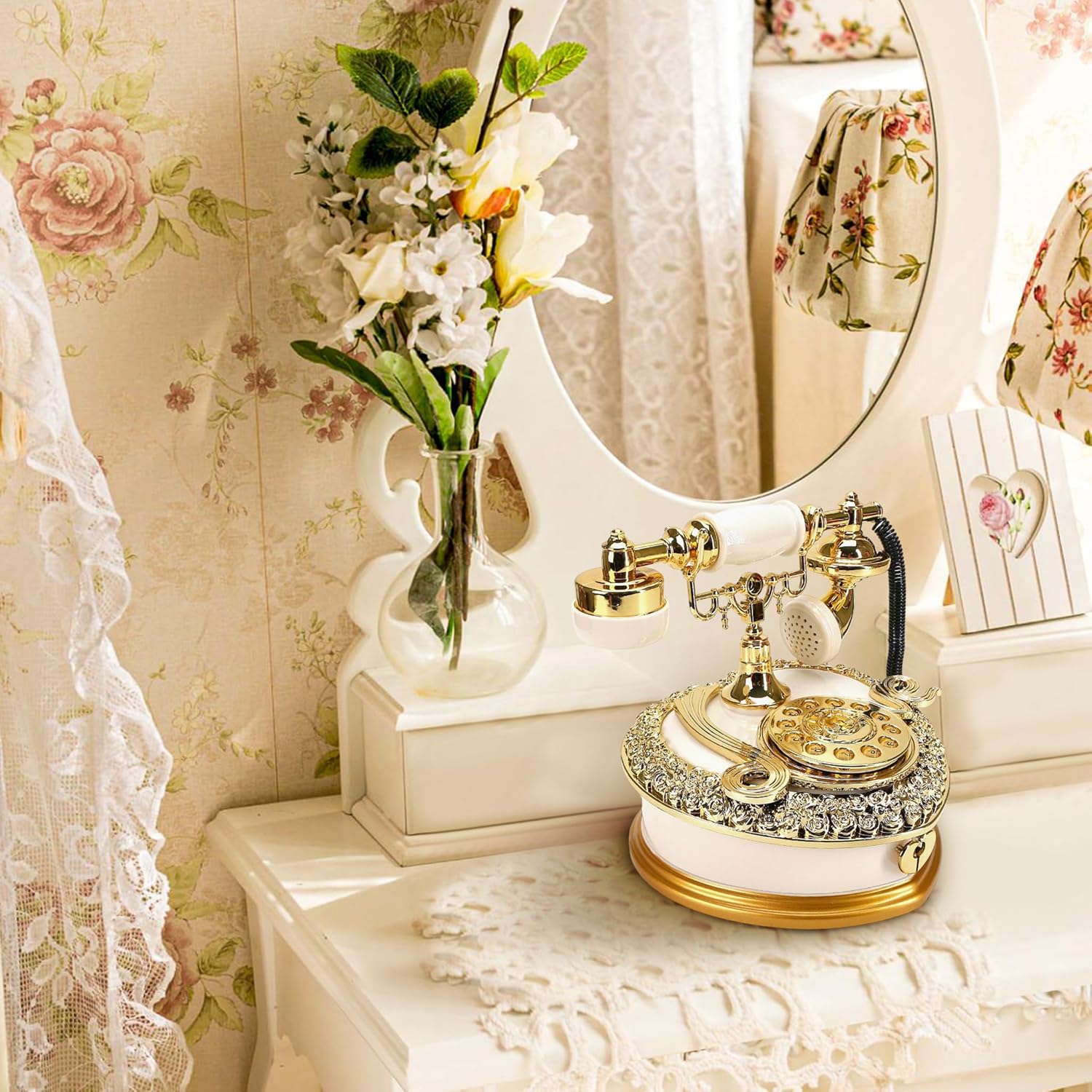 Big Vintage Telephone Jewelry Box with Drawer - Heart Shaped Trinket Music Box with Retro Dial