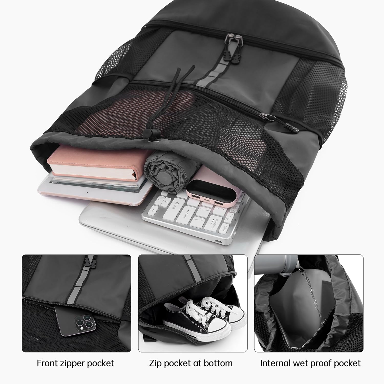Sports Drawstring Backpack with Wet Proof Pocket and Shoe Compartment for Men Women