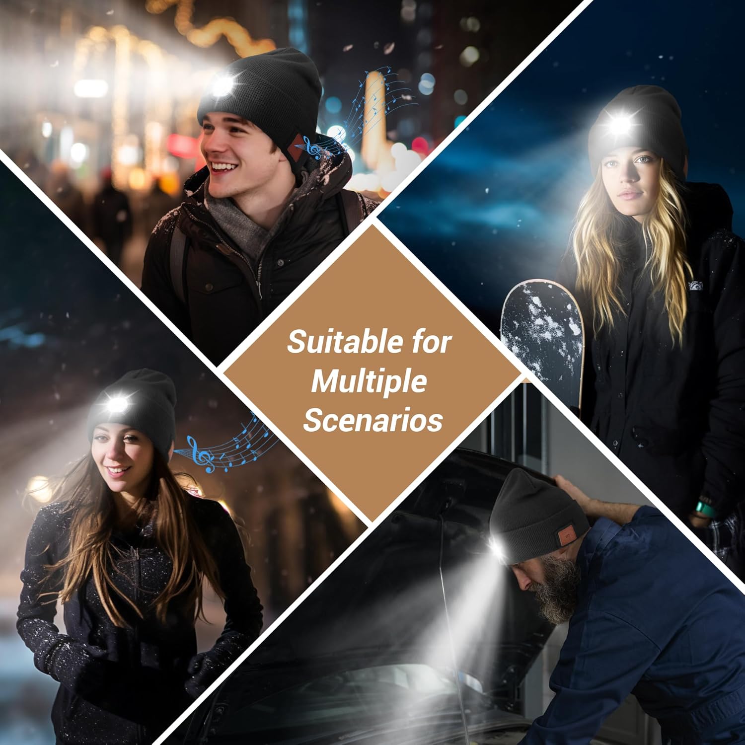 Bluetooth Beanie with Built-in LED Light and Stereo Headphones for Winter Outdoors Unisex Black
