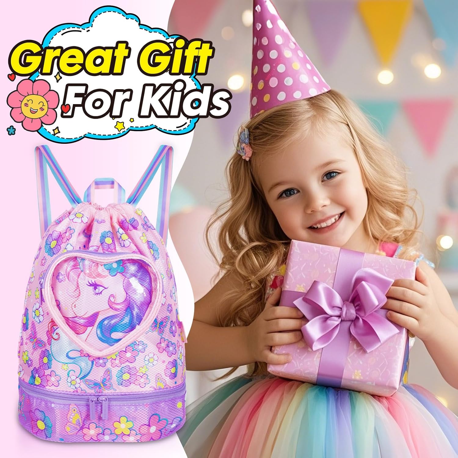 YOYTOO Drawstring Backpack for Girls - Unicorn Theme Waterproof Gym Bag