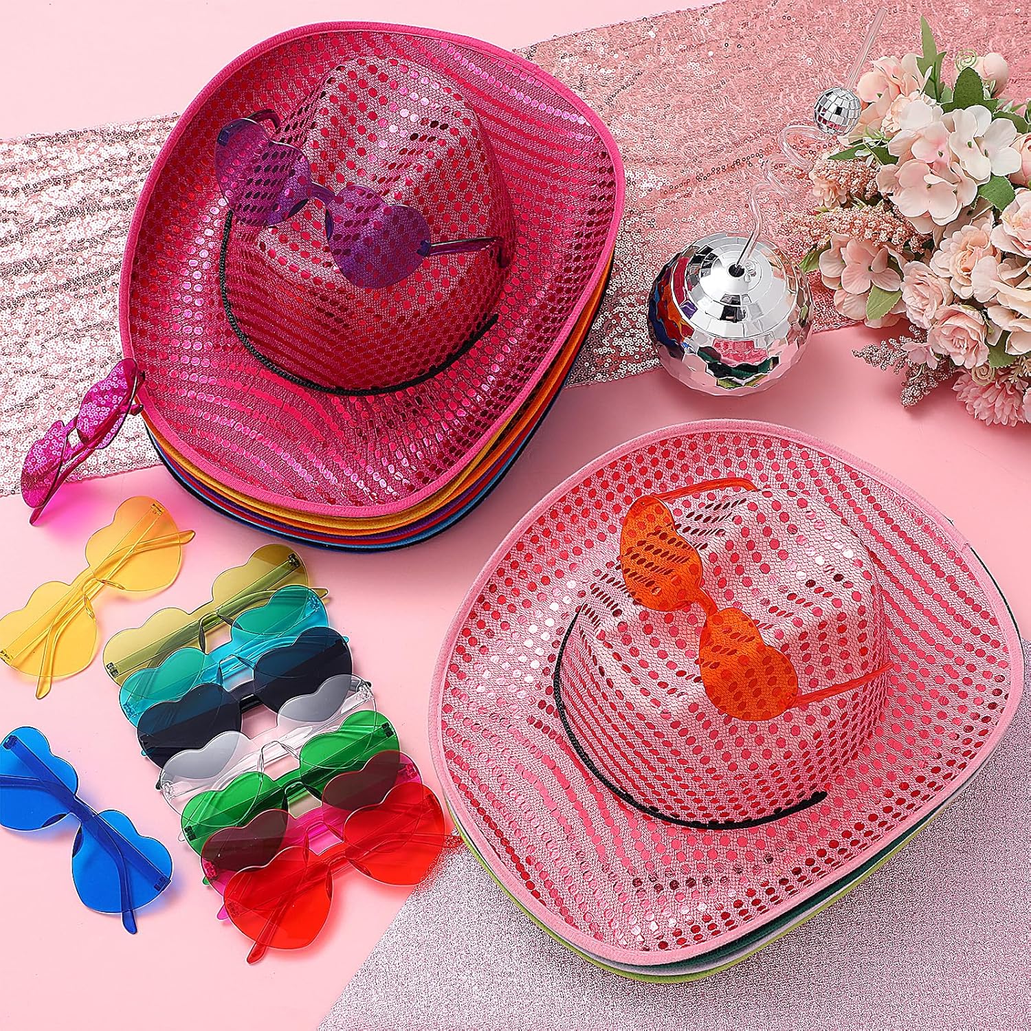 Bonuci Sparkly Cowboy Hat and Heart Sunglasses Party Favor for All Ages