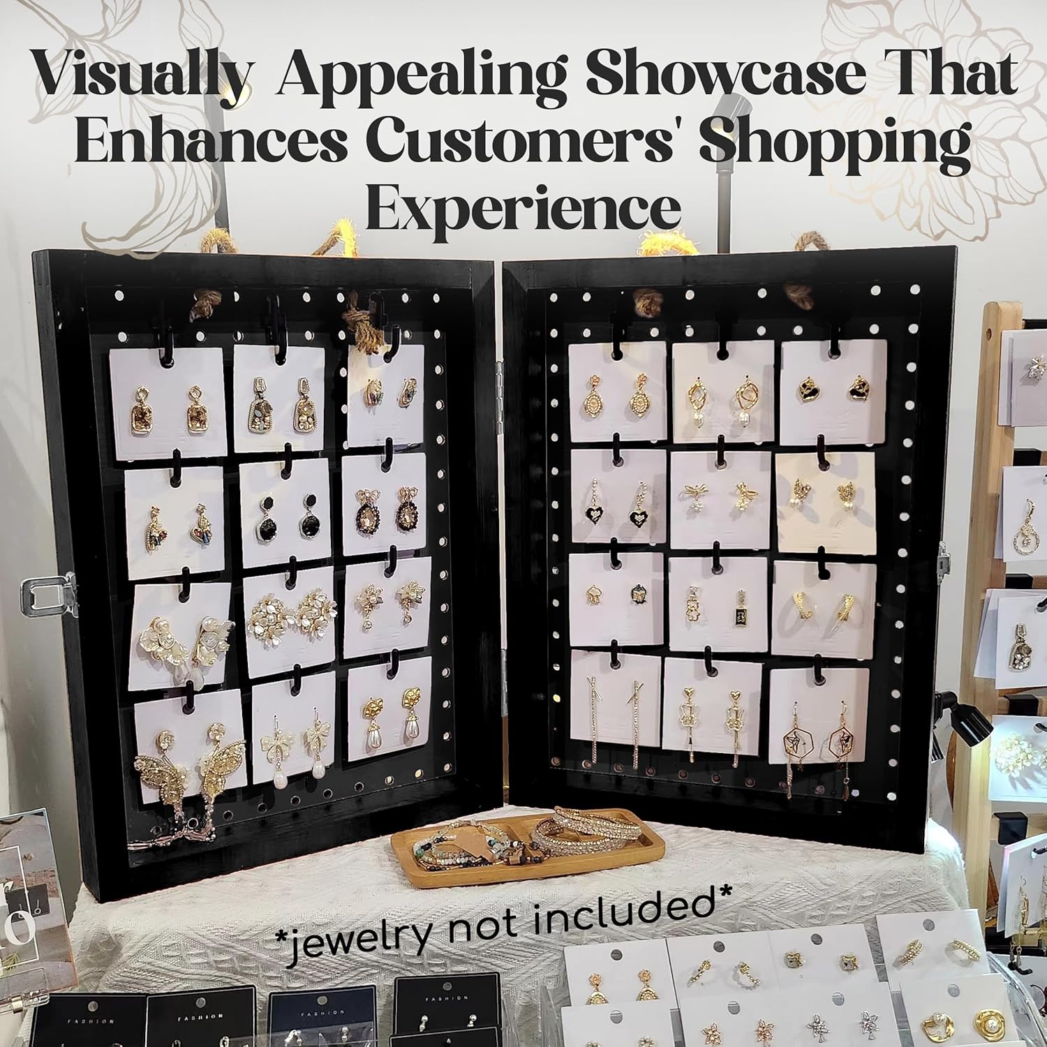 Folding Peg Board Display Stand with 40 Hooks - Jewelry Display for Vendor Events Black